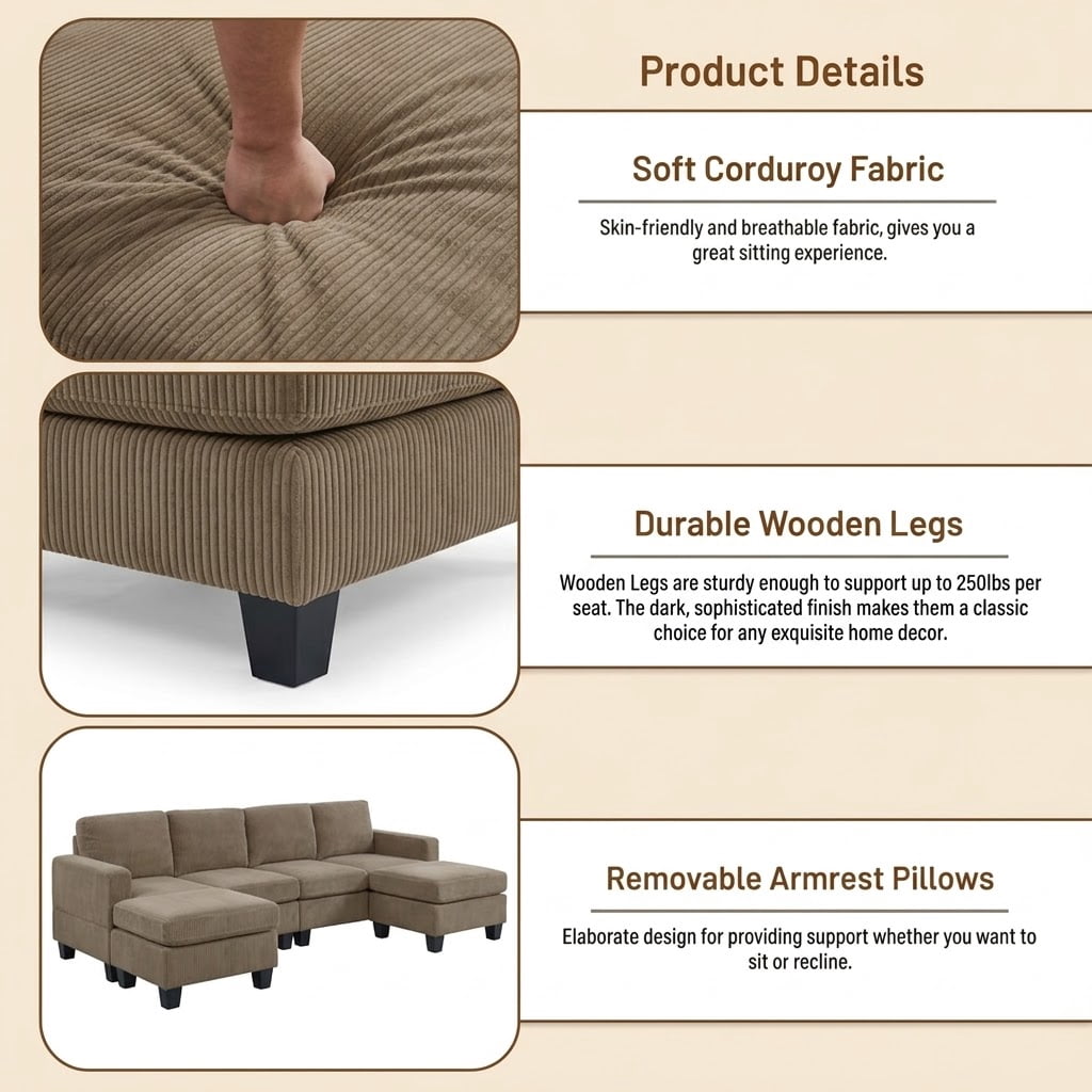 Howcool 106" Cloud Sectional Sofa with Extra Deep Seat,U Shaped Sectional Couches for Living Room,4 Seater Corduroy Sofas & Couches,Modern Apartment Couch with Double Chaise Lounge,Camel