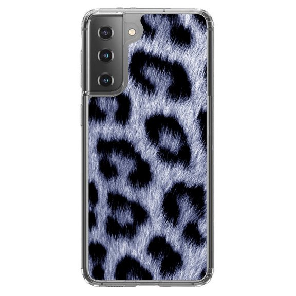 DistinctInk Clear Shockproof Hybrid Case for Galaxy S21  PLUS 5G (6.7" Screen) - TPU Bumper, Acrylic Back, Tempered Glass Screen Protector - Blue Black Leopard Fur Skin Print