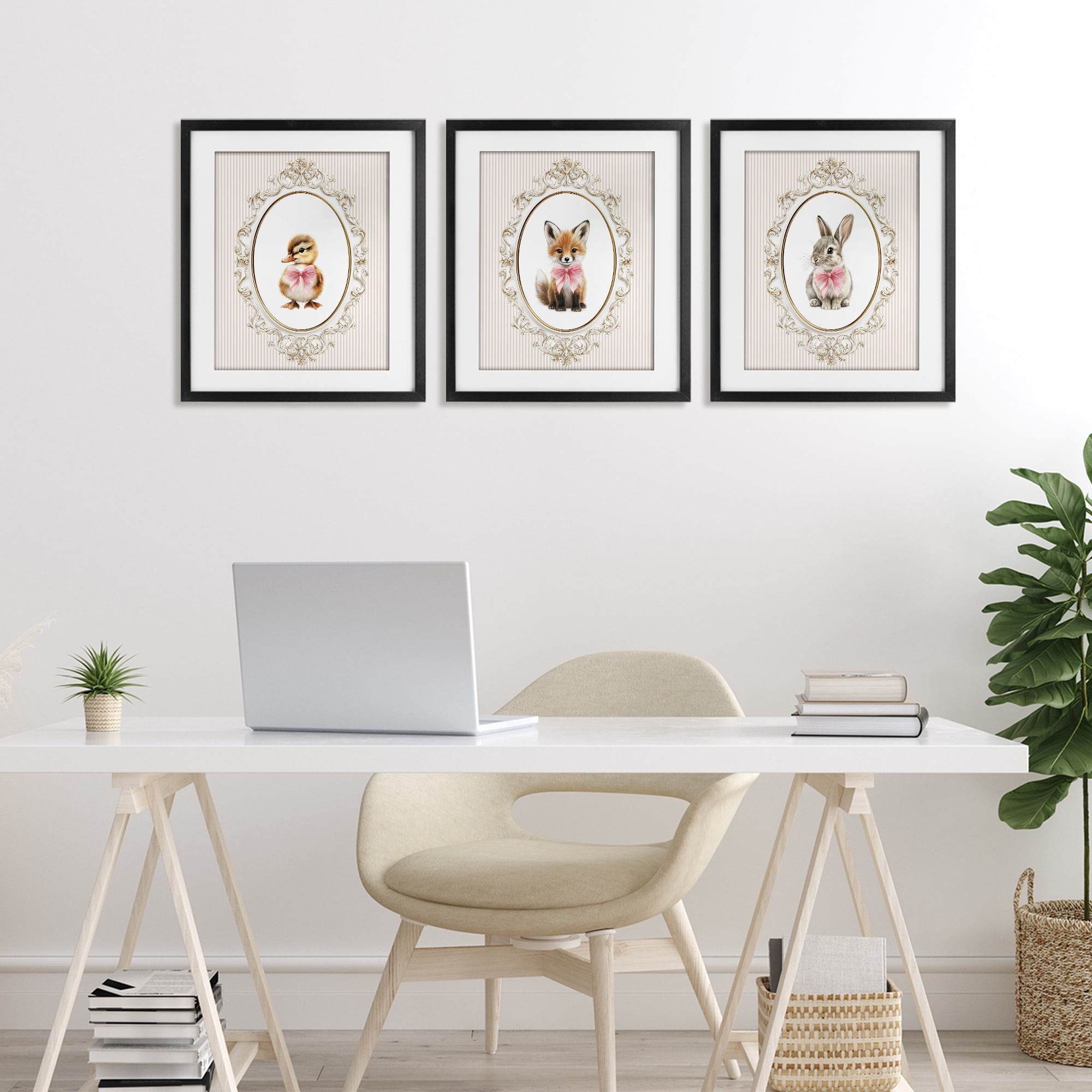 Stupell Industries Vintage Animals with Ornate Design 3 Piece Black Framed Print Under Glass Set, design by Christine Simpson Art