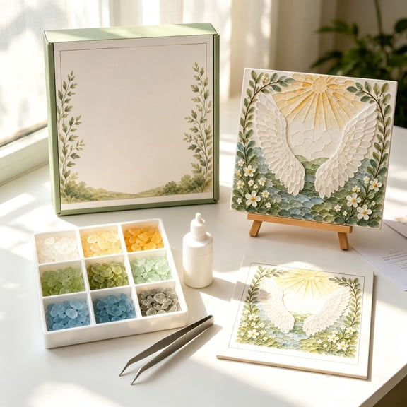 Handmade Sea Glass Mosaic Art Kit, Floral & Landscape Pattern DIY Craft Set with Full Supplies, Decorative Finished Artwork for Home Shelf, Tabletop Display for Adult Beginners