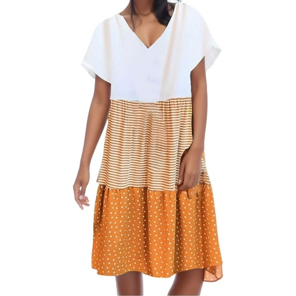 2025 Women's Club & Night Out Dresses, Dresses Women, Women Casual Loose Work Dresses for Women office Stripe Dot Patchwork V-Neck Womens Dress Short