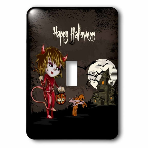 3dRose, Happy Halloween Devil Girl Trick Or Treating Haunted House Spooky Halloween Scene, single toggle switch