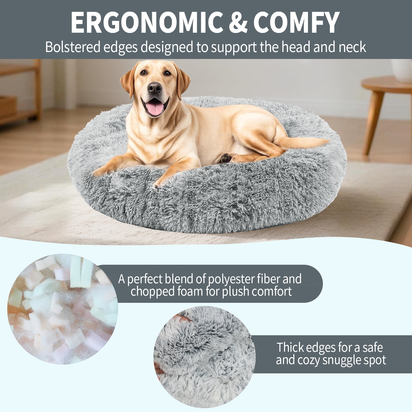 Katieovy Dog Bed for Large Dogs,Fluffy Calming Donut Dog Beds,28 inch Washable Plush Round Dog Mat with Non-Slip Bottom,Gray