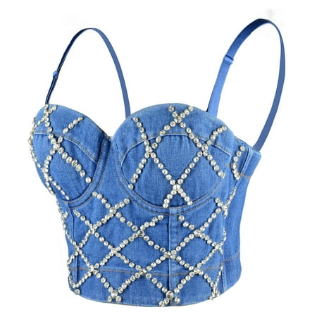 

ELLACCI Women Criss Cross Rhinestone Denim Bustier Crop Top Corset Bra Blue Small