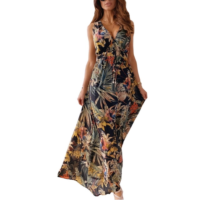 FOCUSNORM Robe d'Été Décontractée Sans Manches pour Femme, Dos Nu, Imprimé de Feuilles, Robe à Col en V