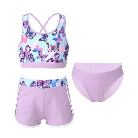 YONGHS Kids Girls 3Pcs Tankini Swimsuit Crop Top with Boyshorts Briefs Bathing Suit Purple 6