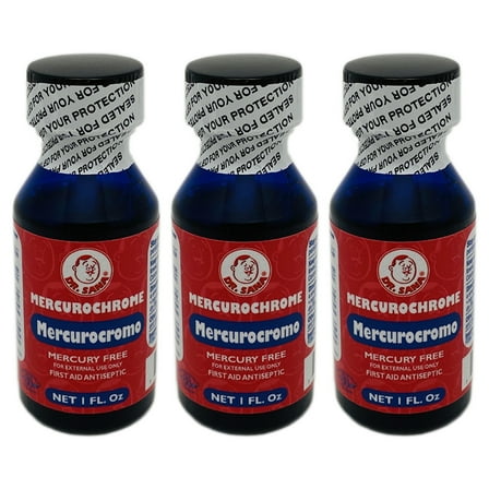Dr Sana Mercurochrome. Mercury Free First Aid Antiseptic. For Cuts, Scrapes and Burns. For External Use. 1 fl.oz. Pack of 3