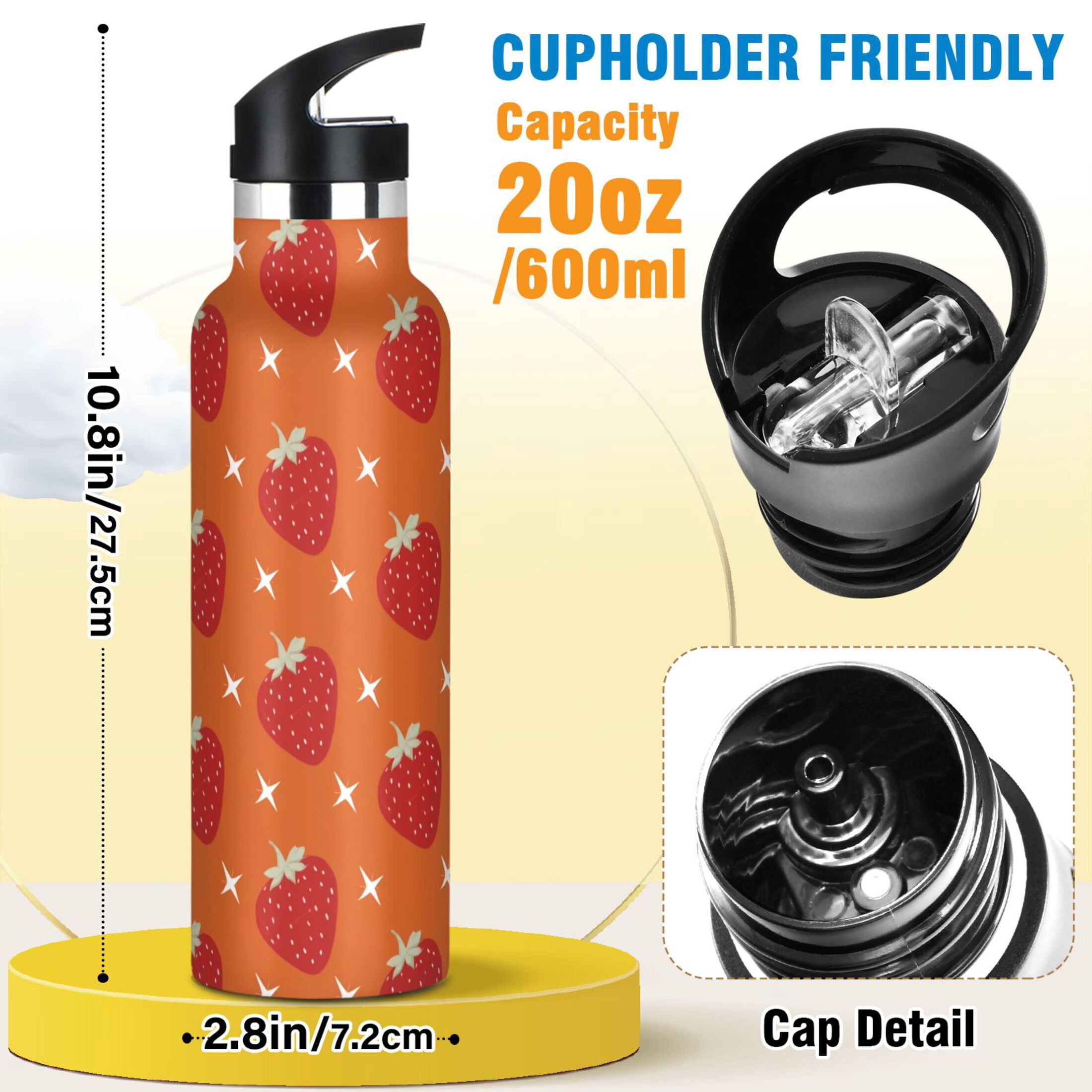 Kids Insulated Stainless Steel Sports Water Bottle 600ml Strawberry and White Stars Pattern