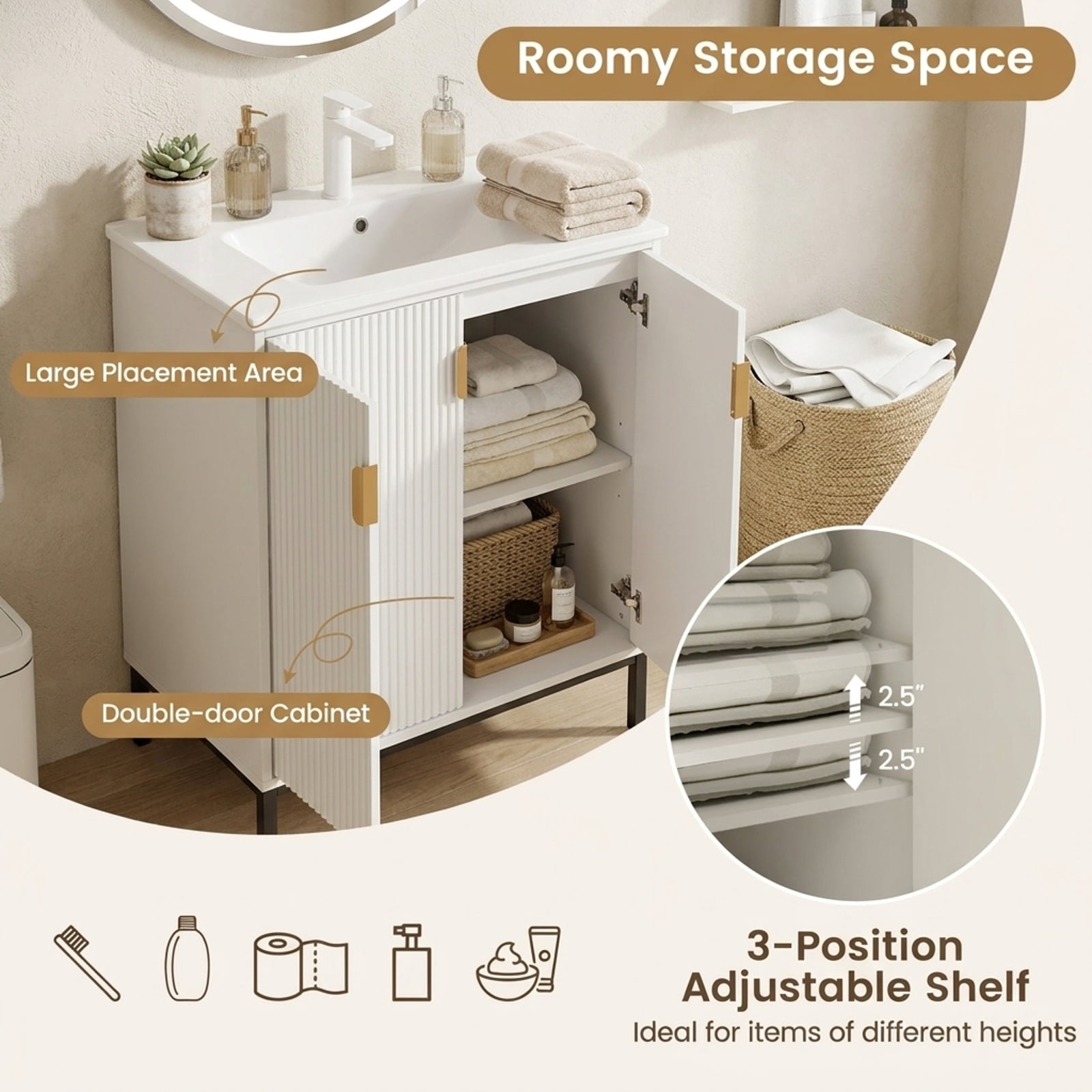 Vebreda Freestanding Bathroom Storage Cabinet, 24 Inch Bathroom Vanity with Sink Combo and Adjustable Shelf, One-piece Ceramic Sink
