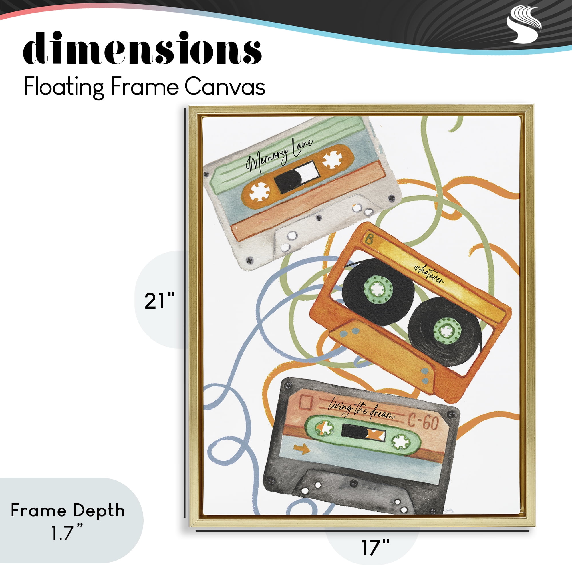 Stupell Industries Cassette Mix Tapes Trio Gold Framed Floater Canvas Wall Art, design by Elizabeth Medley