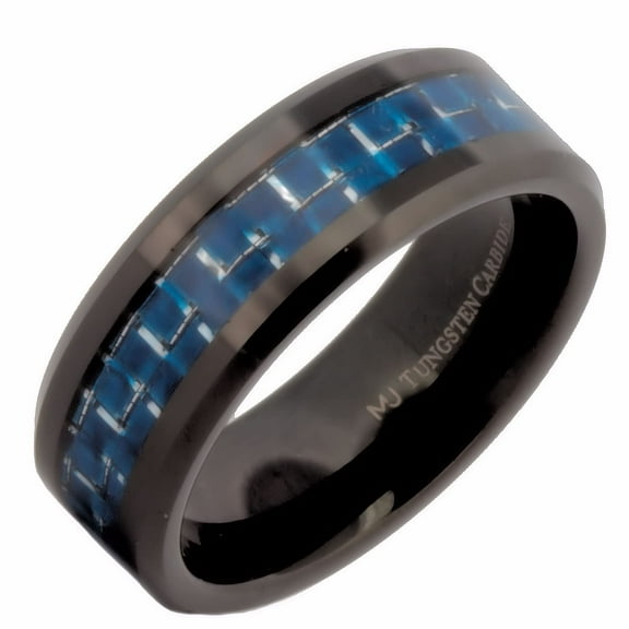MJ Metals Jewelry Black Plated Tungsten Carbide 8mm Blue&White Carbon Fiber Inlay Ring Size 8