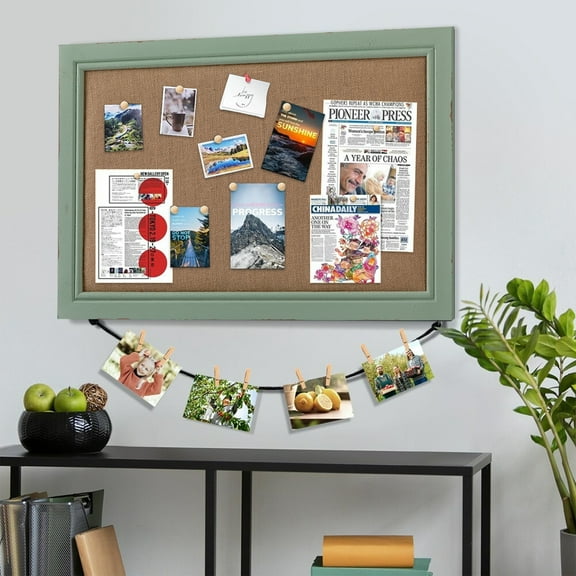 SOFE Linen Cork Board Bulletin Board, 18" x 28" x 0.7" Green Framed Corkboard, Wood Frame Decorative Hanging Pin Board, Message Memo Board or Vision Board for Office School