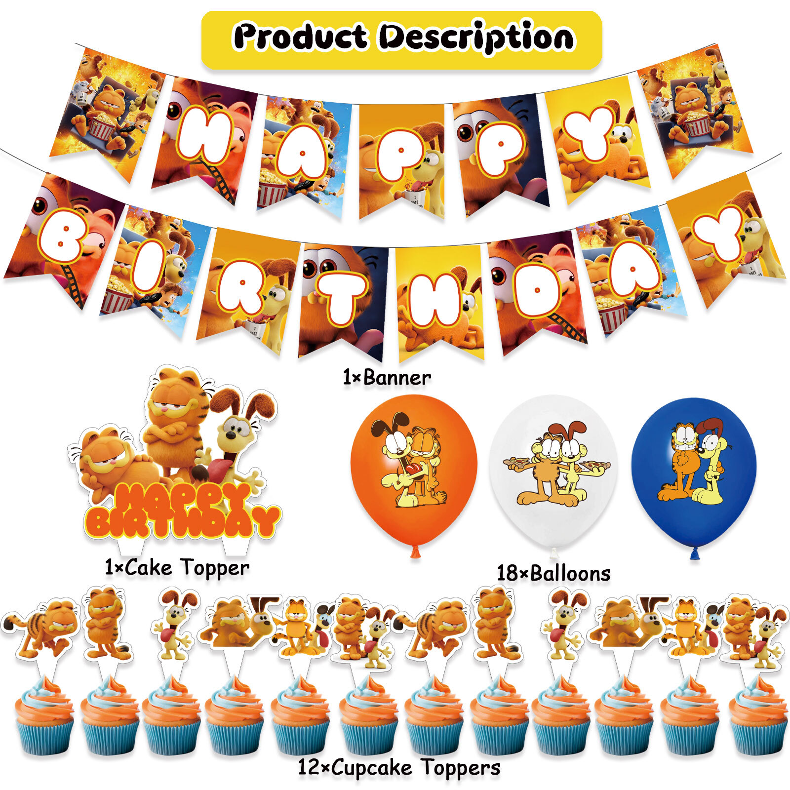 32 PCS For Garfield Cartoon Theme Party Decorations Set,With 1 Happy Birthday Banner,18 Balloons,13 Cupcake Toppers,for Boy Girls Party Supplies Set