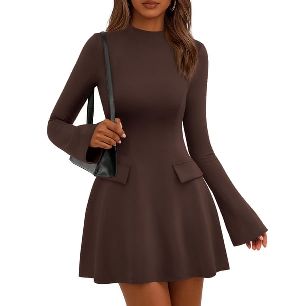 Vestido PRETTYGARDEN 2025 Otoño Mini Marrón de Manga de Campana Talla L