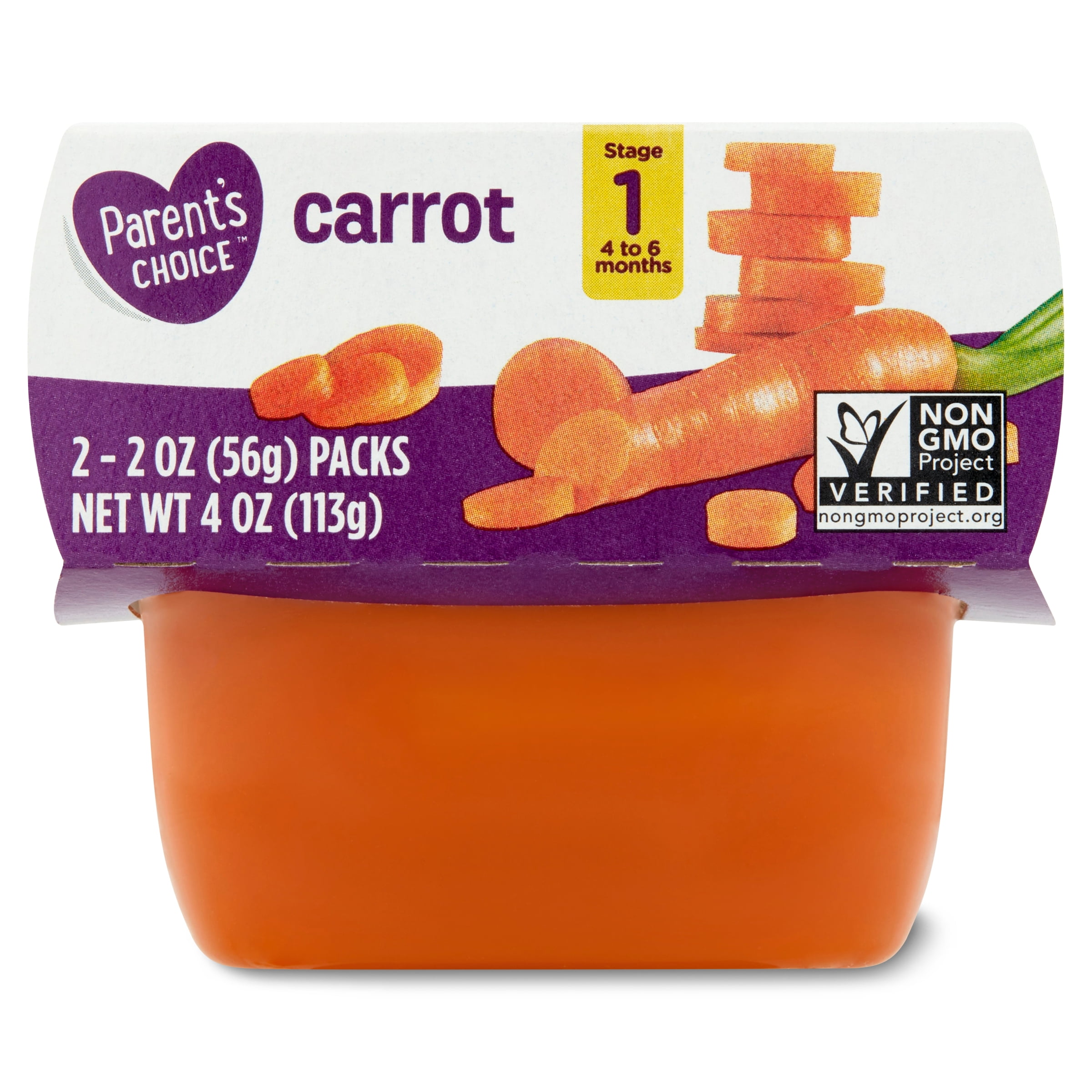 Parent's Choice Non-GMO Stage 1 Baby Food, Carrot, 4 oz Tub, 2 Count