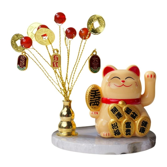 Lucky Cat Statue Feng Shui Decoración Tablero de Piece Artwork Árboles de Ornamento de animales para la sala de té estante de Amarillo