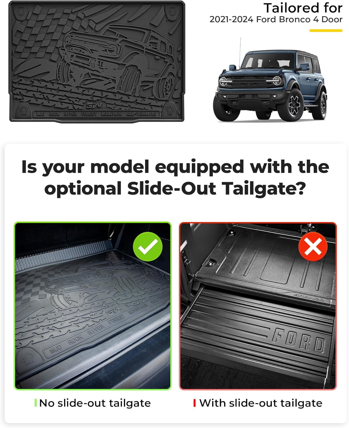 3W Custom Fit Floor Mats, Cargo Liner & Back Seat Mats for Ford Bronco 2021-2025 4 Door - All Weather, Full Set