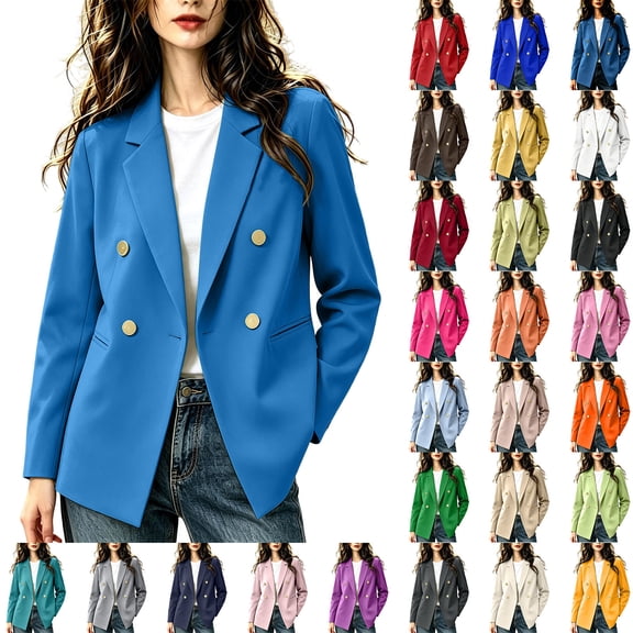 VBVC Women's Double Breasted Relaxed Blazer , Casual Long Sleeve Work Jacket For Women , Ladies' Classic Open Front Suit with Pockets, Sky Blue , S-3XL