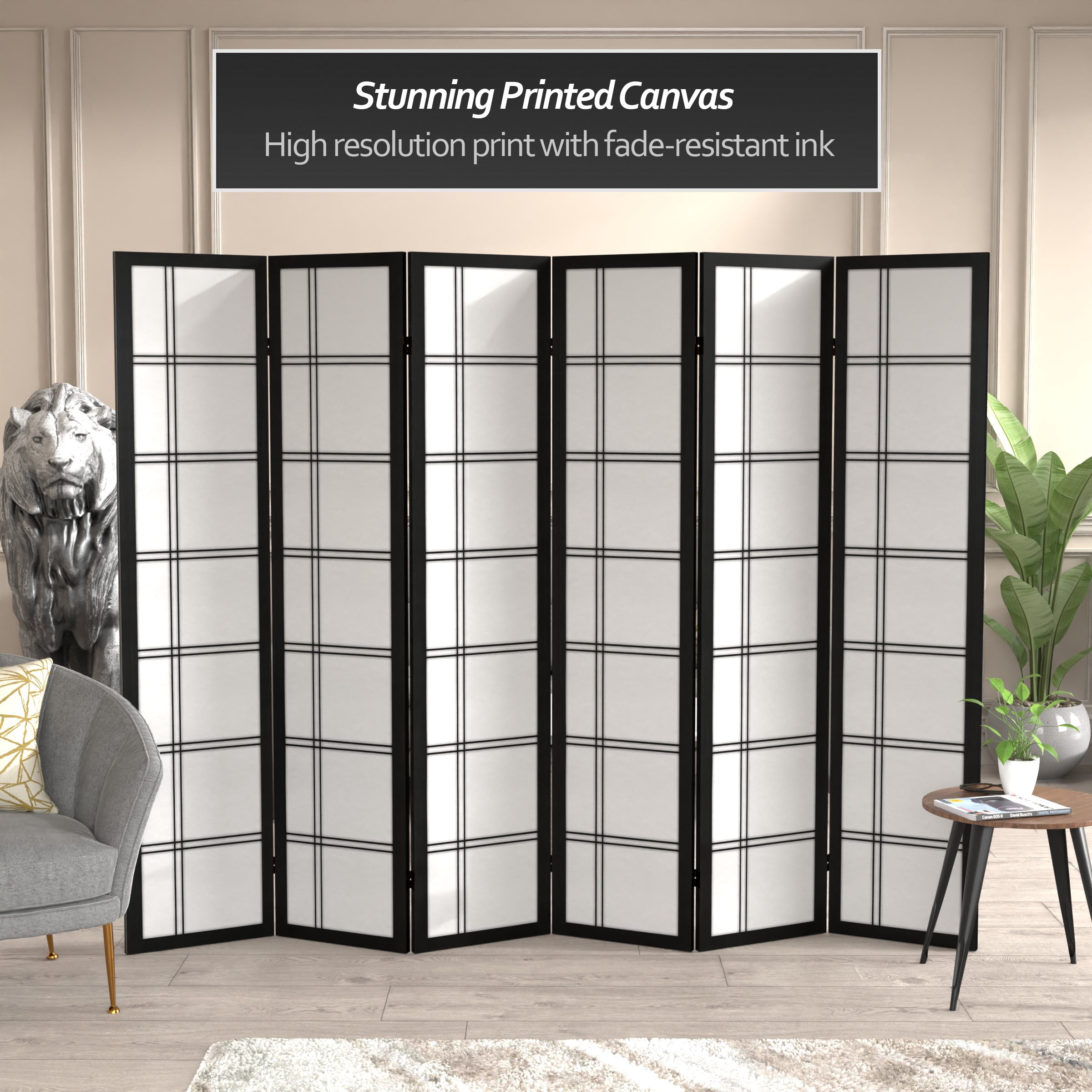 Oriental Furniture 6 ft. Tall Canvas Double Cross Screen - Black - 6 Panel