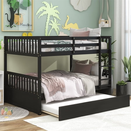 Wood Bunk Bed Full Over Full Bunk Bed with Trundle Full Size Bunk Bed with Ladder and Safety Guardrails for Kids Teens Adults Convertible to 2 Full Size Platform Beds No Spring Box Needed Espresso
