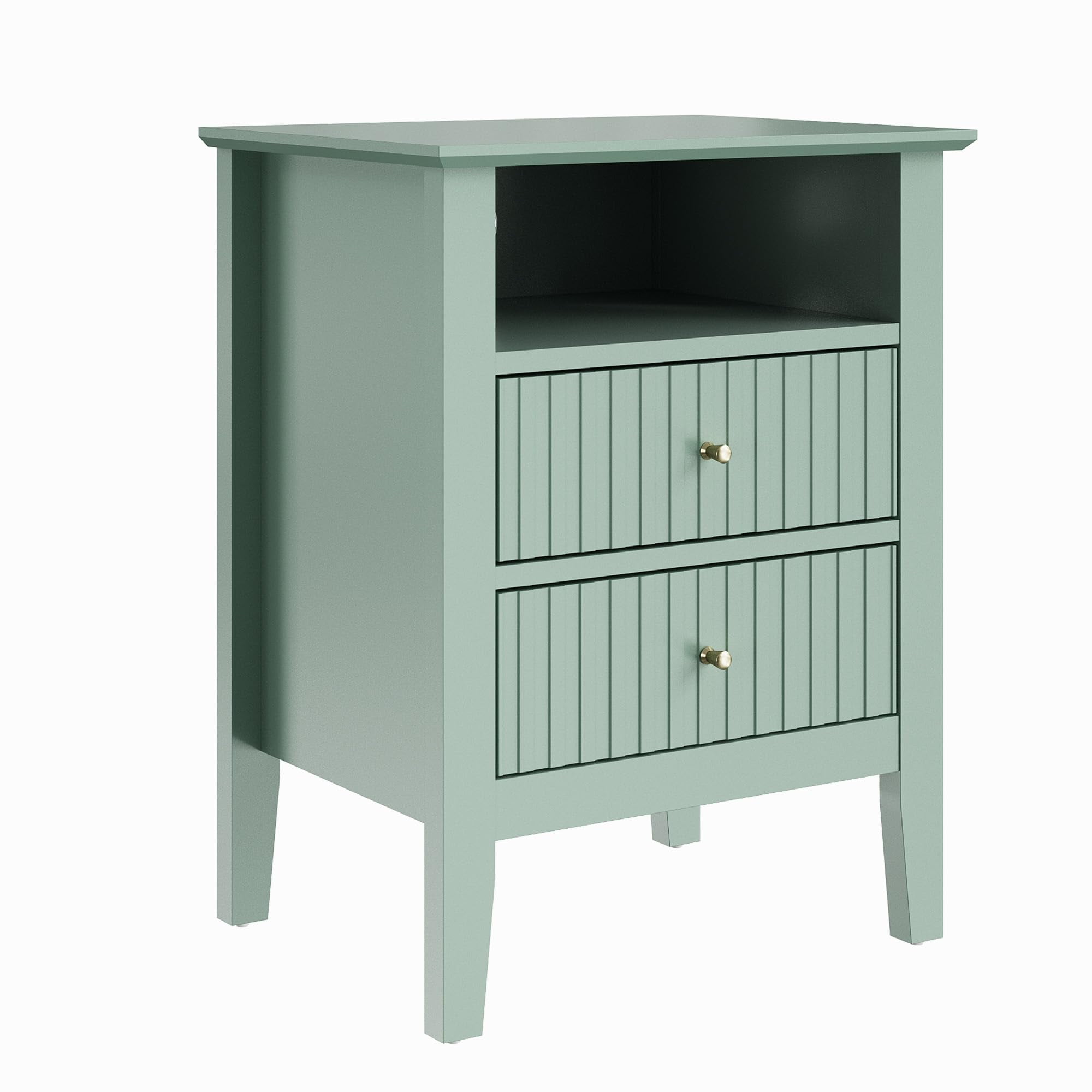 Heynemo Green Fluted Nightstand with 2 Drawers Set of 2, Modern Wooden Sofa Table for Small Spaces, Tall End Table for Bedroom, Living Room