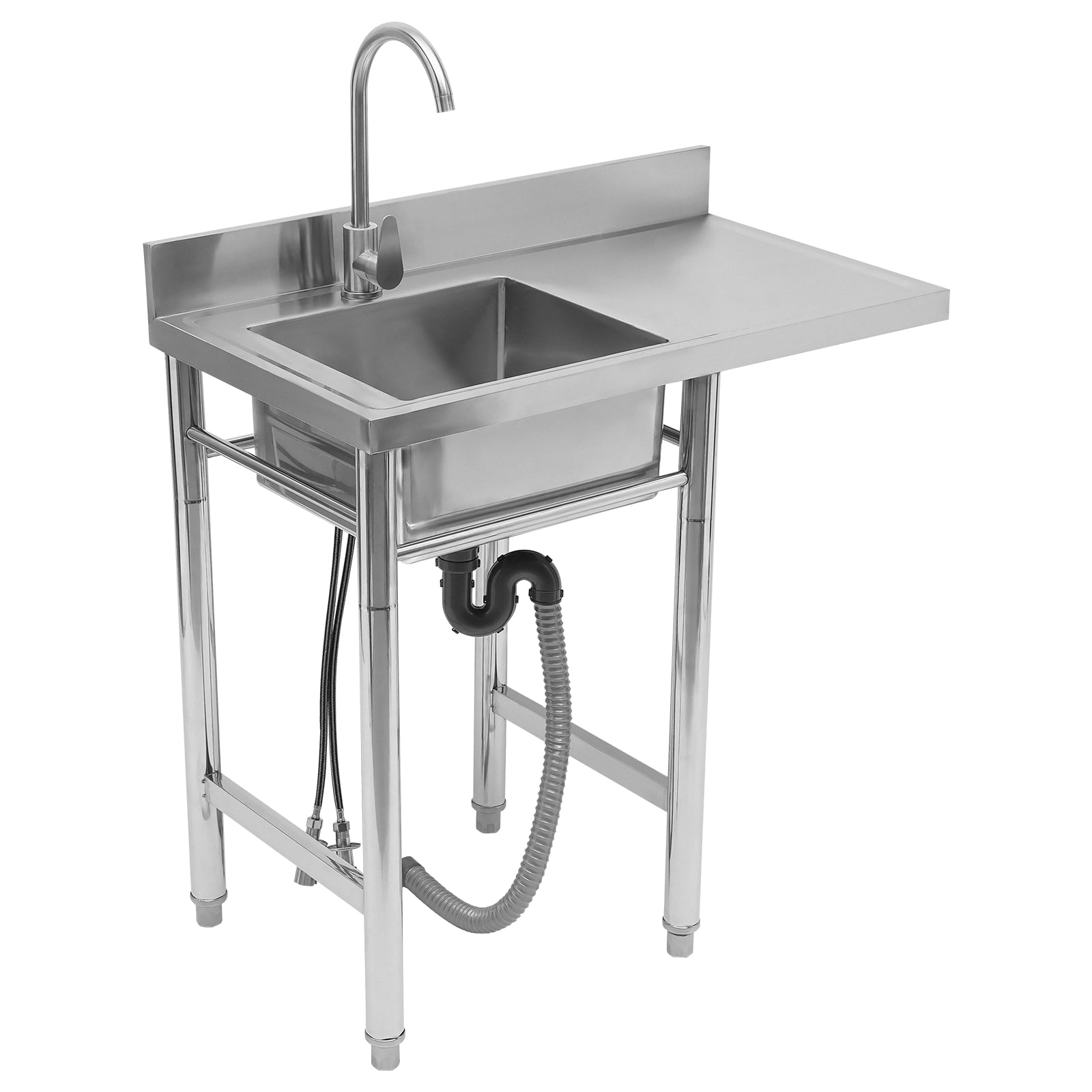 Dwellnix Freestanding Stainless Steel Sink with Drainboard, Large Deep Basin, Hot & Cold Water Faucet, and Adjustable Feet – Perfect for Kitchen & Laundry Room