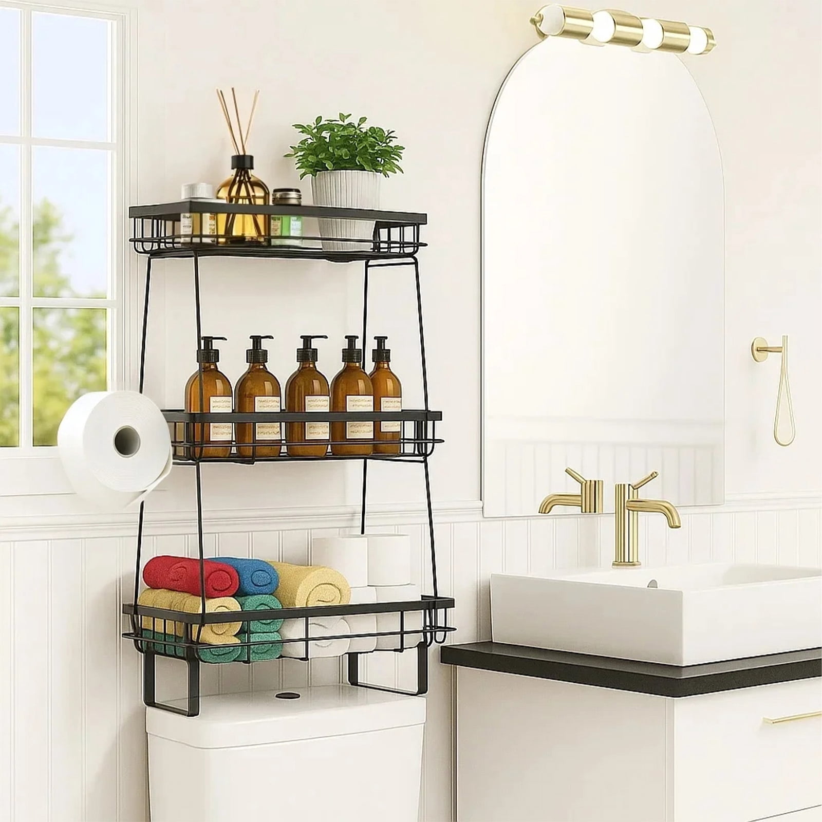 YOYTOO Over the Toilet Storage Shelf, 3 Tier Freestanding Bathroom Caddy Organizer Behind Toilet Stand Shelves Towel Rack with Toilet Paper Roll Holder, Black