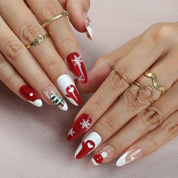 Christmas Press on Nails, 24PCS Short Santa Claus Cat Eye Nails with Love Heart Design, Reusable Fake Nails for Women Girls, Holiday Manicure DIY Nail Art Kit