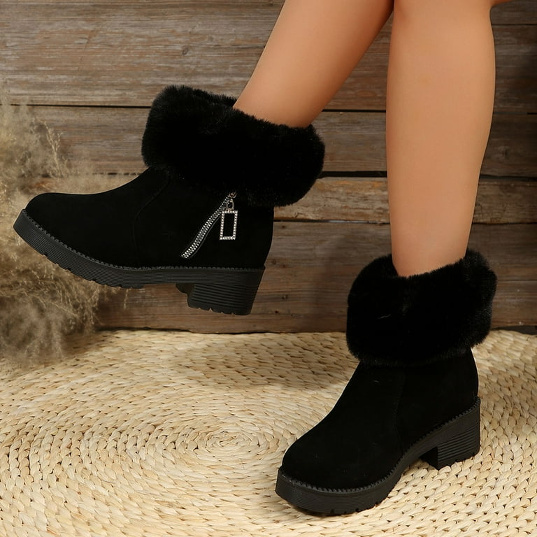 JIUKE Black and Friday Women s Big Size Winter Fashion Furry Mouth Thick Heel and Cashmere Ankle Boots Black 37