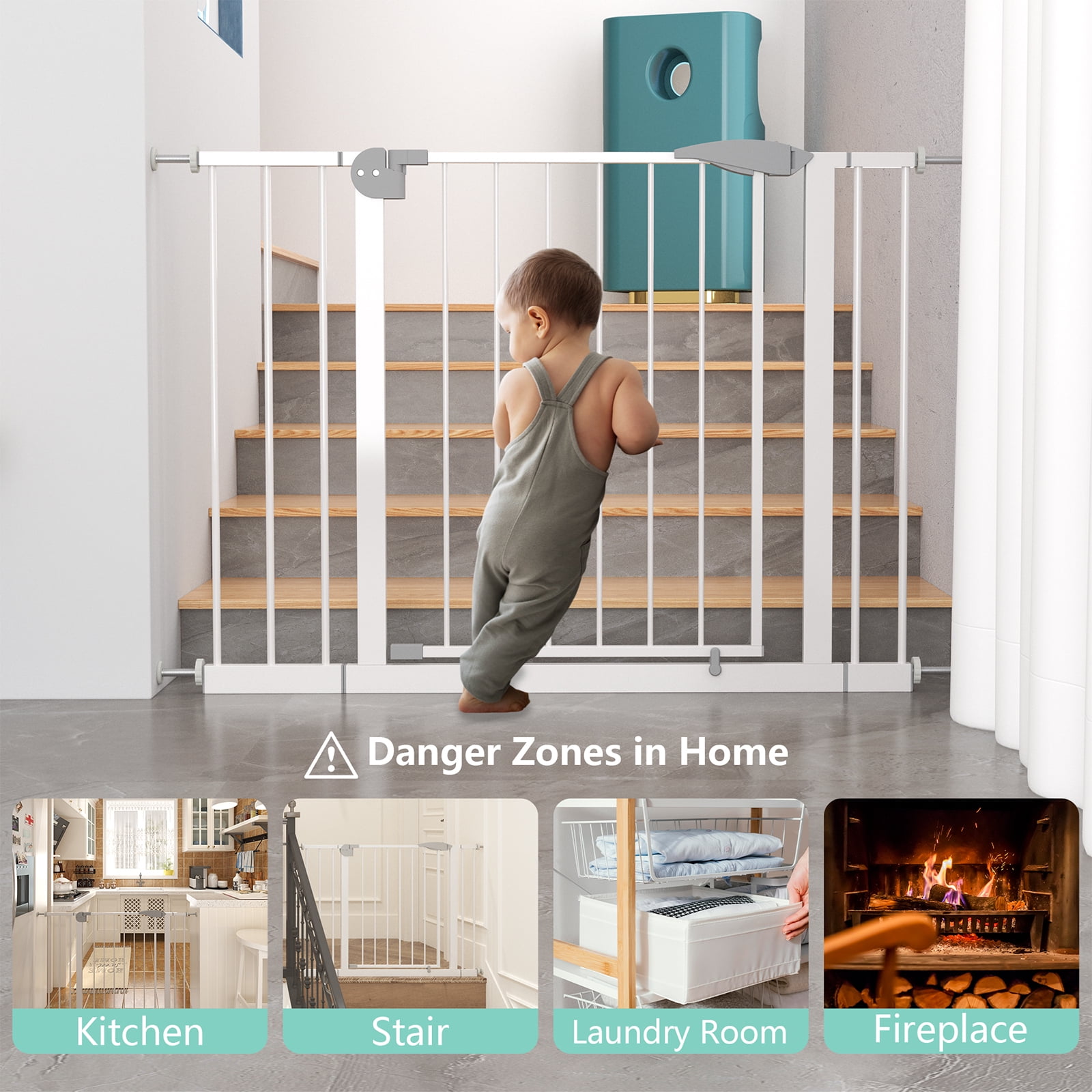 29.5-45.3" Wide Baby Gate for Stairs, Dog Gate Indoor for Doorways, No Drilling Pressure Mounted Pet Gates for Kids, Easy Walk Through Safety Gate (White)