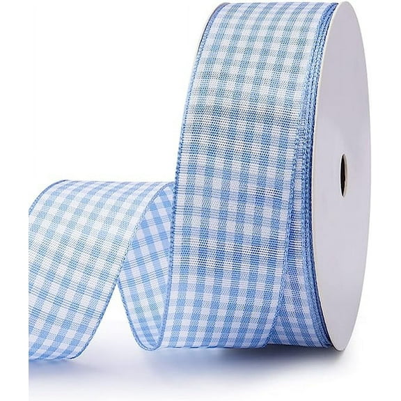 Namzi Gingham Ribbon Checkered Ribbon 1-Inch Wide Taffeta Plaid Ribbon 25 Yard Long 100% Polyester Woven Edge (Light Blue, 1 Inch)