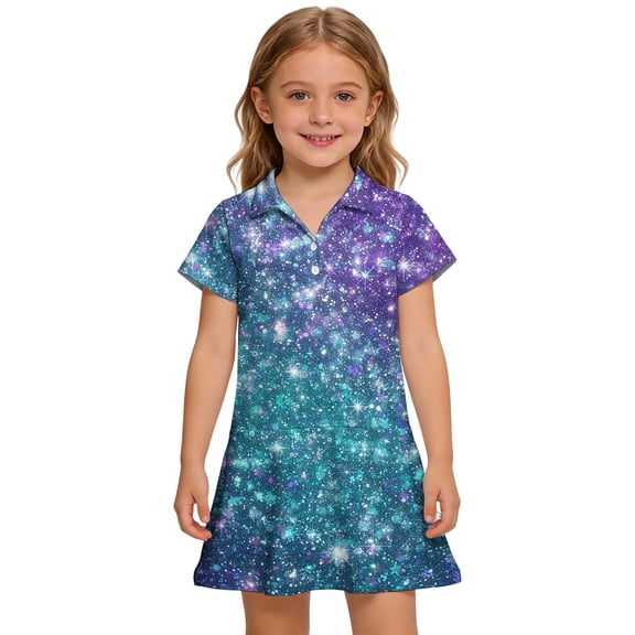 Girls Polo Dress with Pockets, Short Sleeve Collared Stretchy Ruffled Placket School Uniform Shirt Dress