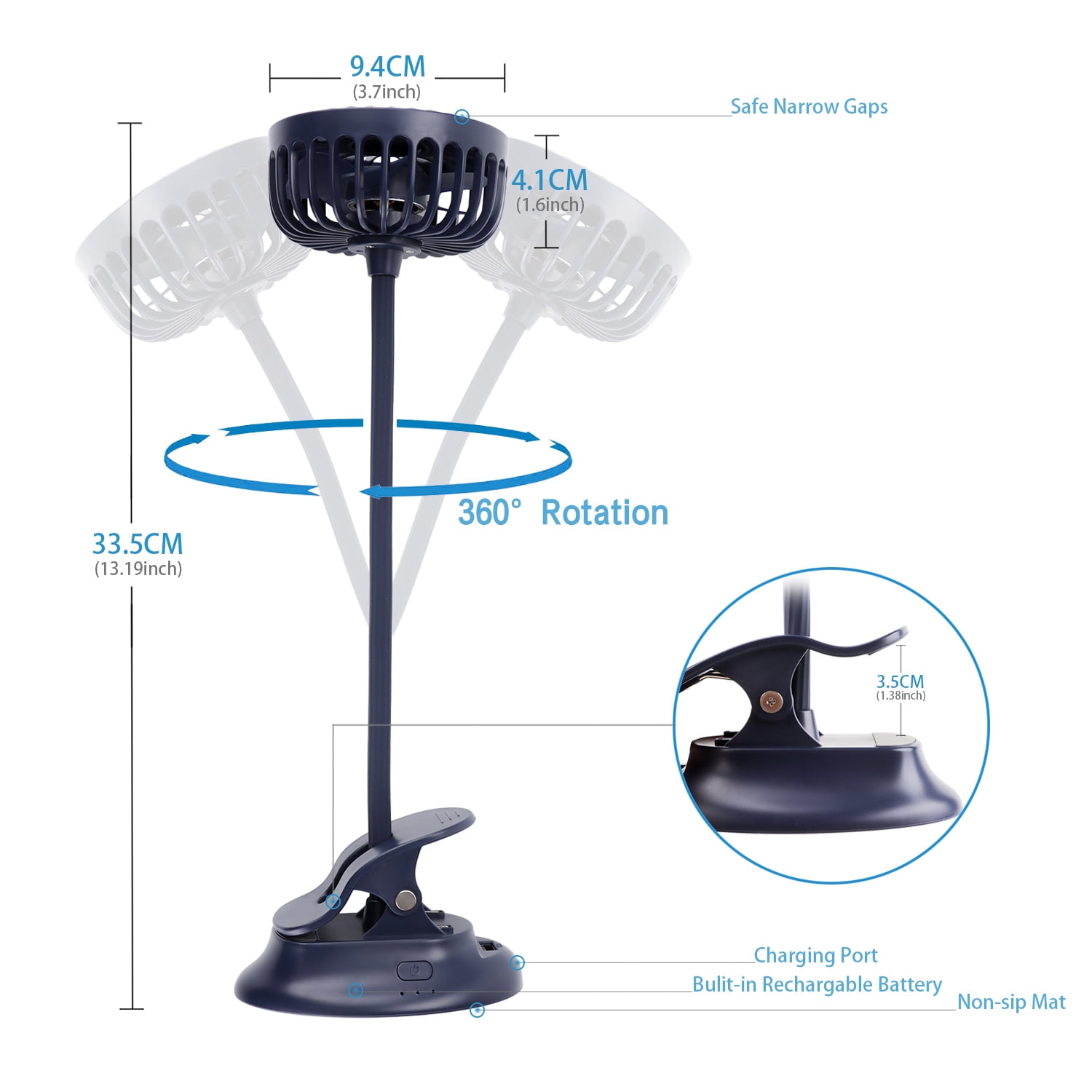 Clip on Small Mini Fan, Portable Usb Battery Operated Rechargeable Quiet