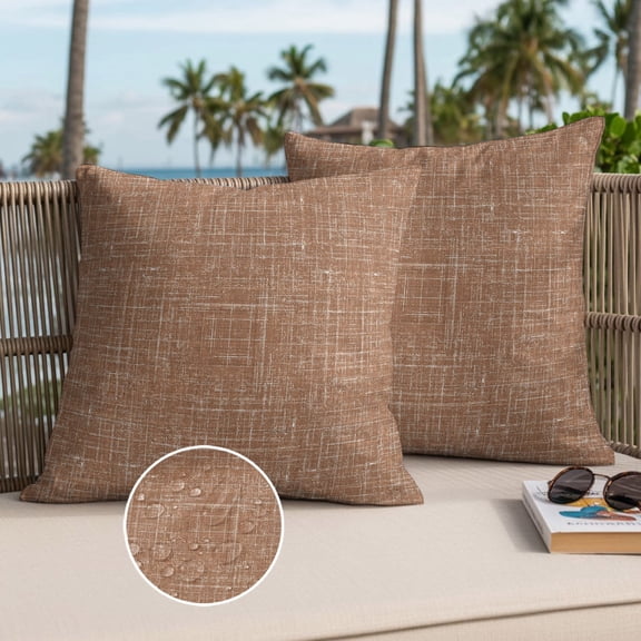 Brown Outdoor Waterproof Throw Pillow Covers Set of 2, 24"x24", Abstract Modern Farmhouse Solid Color Decorative Pillow Covers Outside Cushion Case for Patio Porch Garden