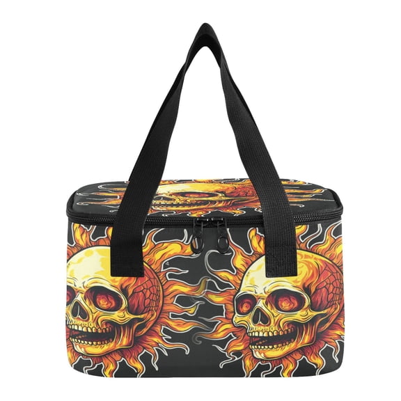 6L Insulated Lunch Bag Square Handheld Cooler Tote Fire Skull Sun Design Reusable Thermal Bag with Polyester & Aluminum Lining for Work Picnic Travel