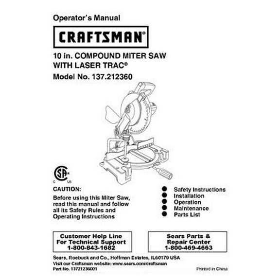 Instruction Manual ONLY for Craftsman 137.212360 Miter Saw Owners Instruction Manual REPRINT