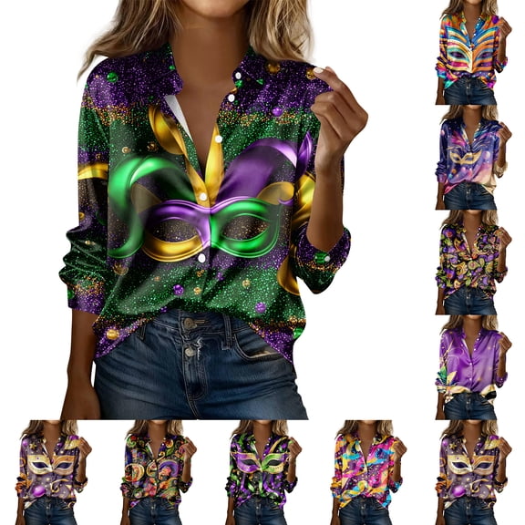 Mask Print Button Down Shirts for Women Long Sleeve Mardi Gras Carnival Collared Business Casual Party Tops 2026 Army Green 2XL