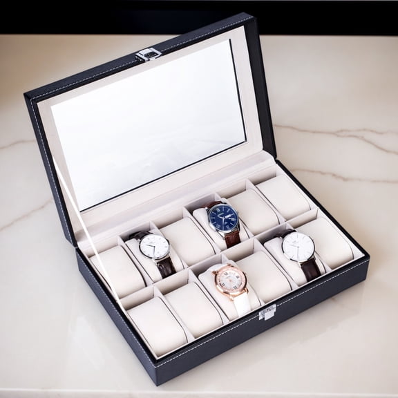 12-Compartment Top Open Leather Watch Collection Box, Luxury Watch Storage Display Case, Black