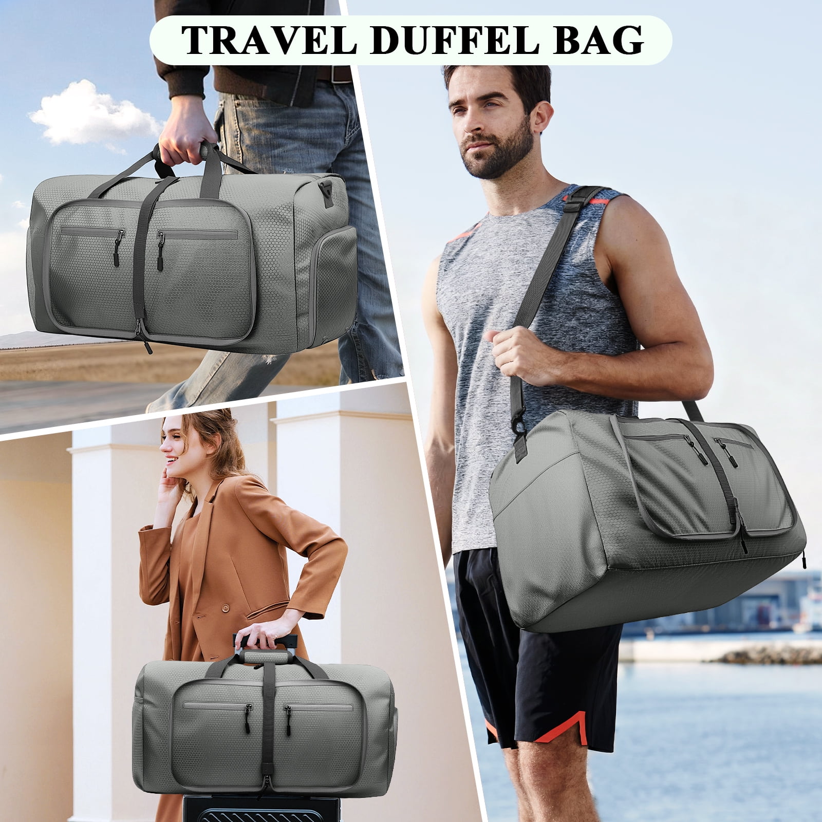 XUEYU 65L Travel Bag, Large Travel Duffel Bags with Shoes Compartment and Adjustable Strap, Foldable Travel Duffel Bags for Men Women,Waterproof Duffel Bags for Traveling Camping, Touring, Gray