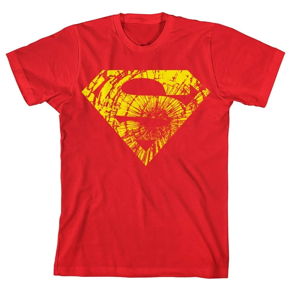 Superman Distressed Yellow Logo Boy's Red T-shirt-Medium