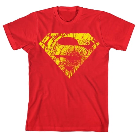 Superman Distressed Yellow Logo Boy s Red T-shirt-Small