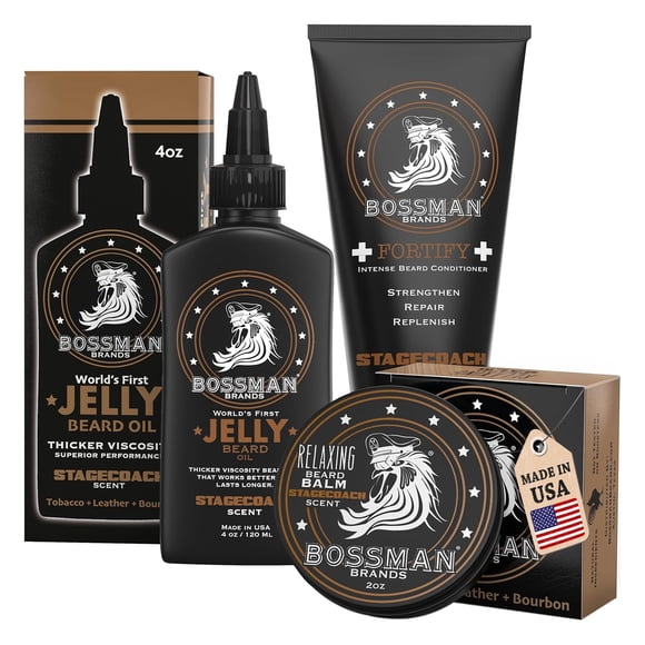 Bossman Essentials Beard Kit for Men â?? Beard Oil Jelly, Fortifying Conditioner Cream & Beard Balm â?? Grooming Care Accessories (Stachecoach Scent)