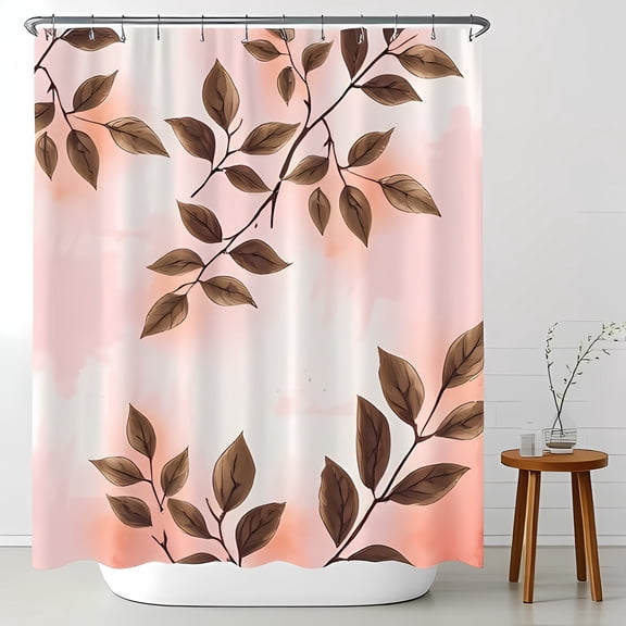 Elegant Watercolor Shower Curtain with Dark Brown Leaves on Blush Pink Background - Bathroom Decor