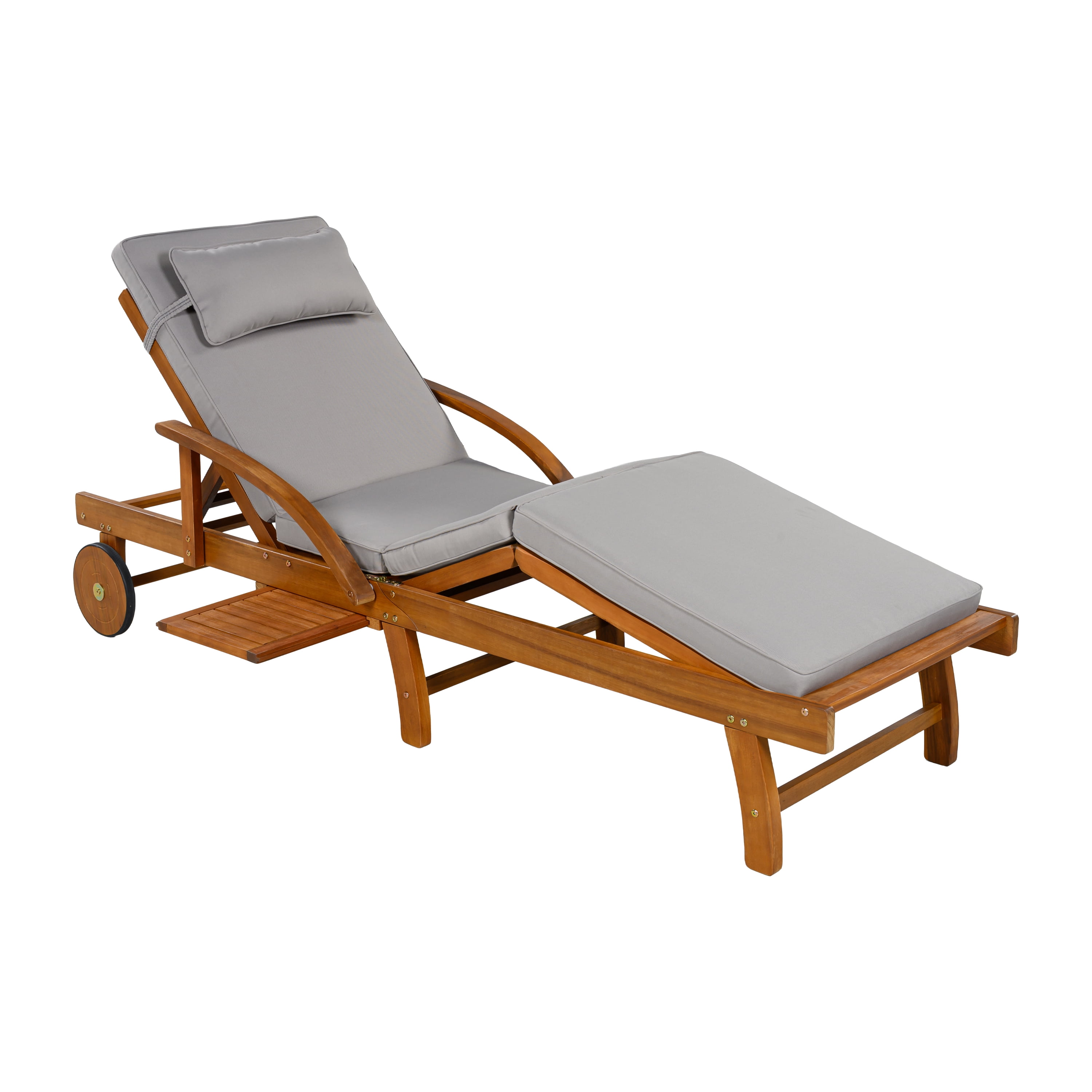 Adjustable Cushioned Lounge Chair, 77.5 Inch Outdoor Acacia Wood Frame Patio Recliner for Poolside, Brown