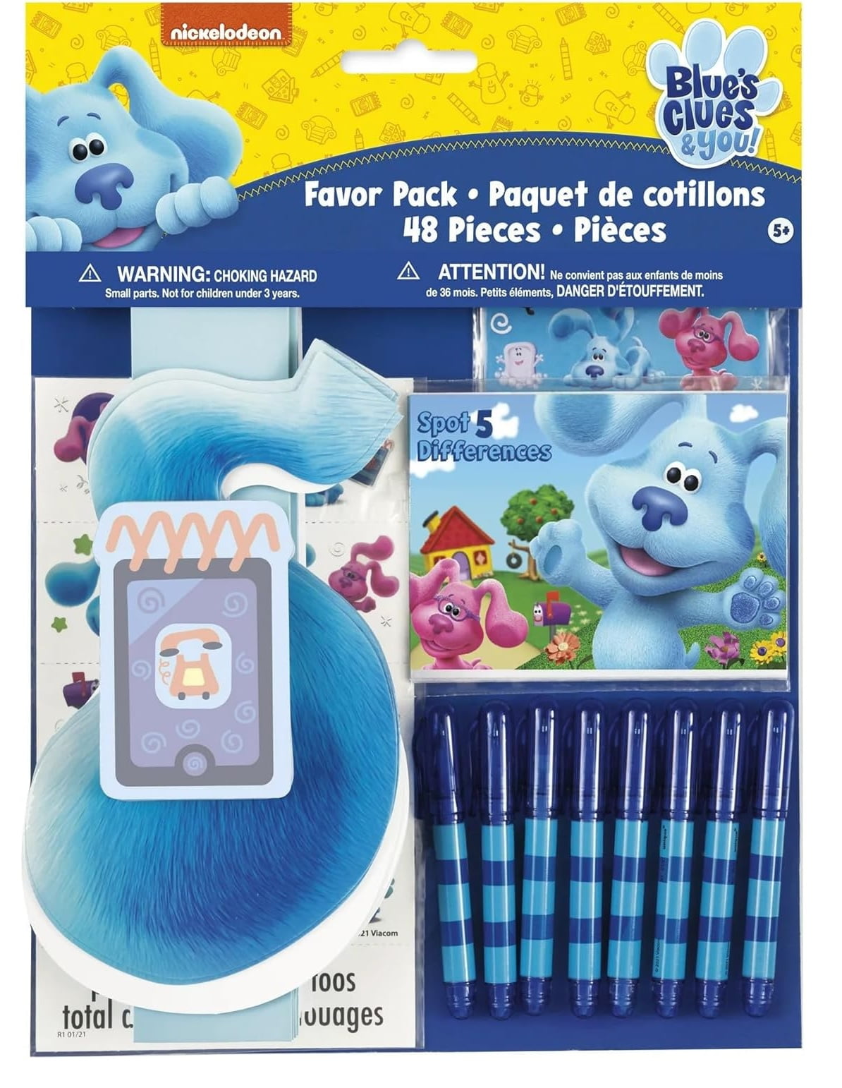 Blue's Clues Birthday Party Supplies Bundle includes 8 Plastic Loot Bags, 48 Piece Party Pack, and 1 Dinosaur Sticker Sheet
