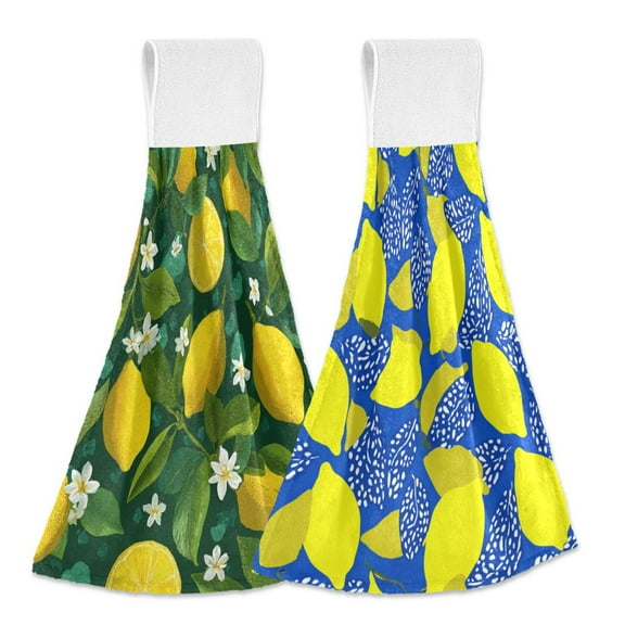IAUYY Kitchen Hanging Towels Set of 2 100% Polyester Absorbent, Super Soft Hand Towels with Hanging Loops for Bathroom Kitchen Lemons and Flowers Lemon Leaves
