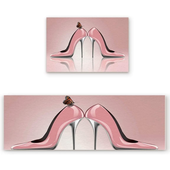 Kitchen Rug Sets 2 Piece High Heels Non Slip Anti Fatigue Floor Mats Pink Sexy Comfort Soft Absorb Cushioned Standing Doormat Runner Rugs (19.7x31.5 19.7x47.2 inch)