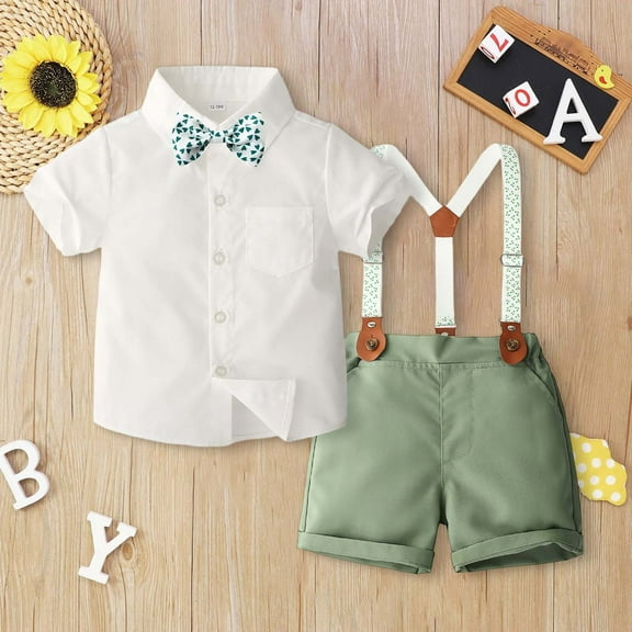 RTKFRFLM Toddler Boys Summer Formal Suit, Solid Color Shirt and Suspender Shorts Outfit, 1-5Y