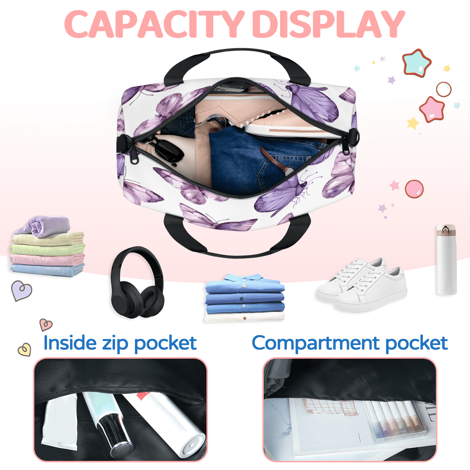 Herdesigns Butterfly Travel Duffle Bag Sports Yoga Weekender Overnight Carry on Workout Bags Lightweight Waterproof Gym Tote Bag for Women
