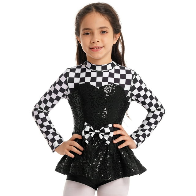 zdhoor Robe de Conducteur de Voiture de Course pour Filles Enfants à Carreaux Imprimé Sequins Manches Longues Robe Carnaval Fête Combinaison Noire 10